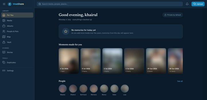 WeeShare web app showing family moments and people, photos blurred for privacy